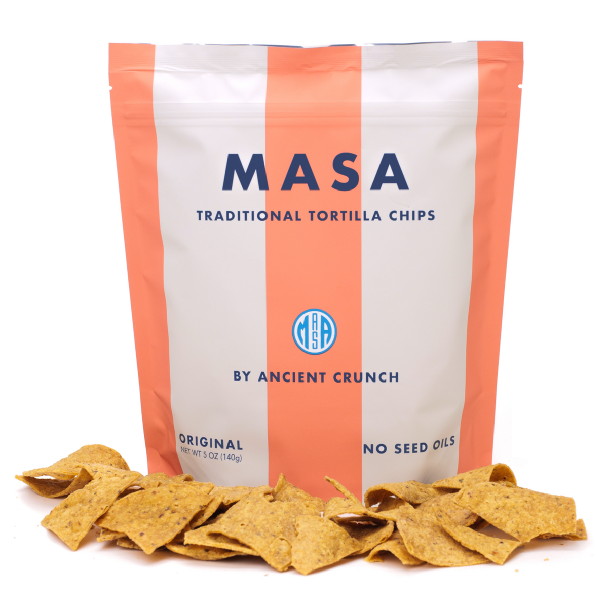 A bag of MASA Original tortilla chips with chips in front of it