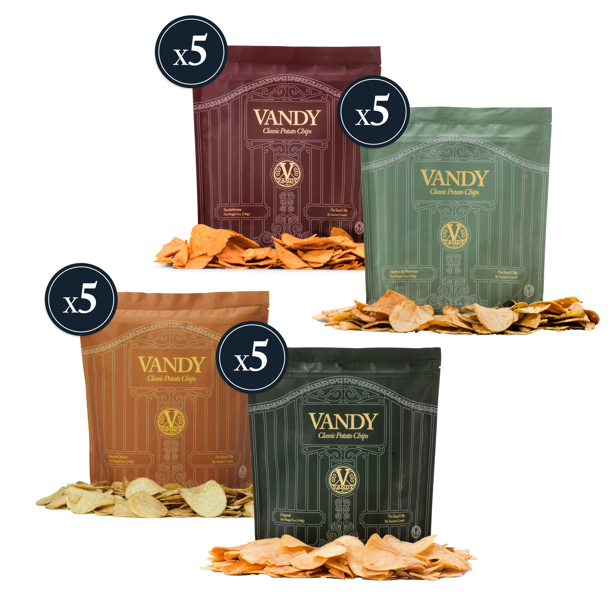 Four packages of Vandy potato chips with different colored packaging on a white background.