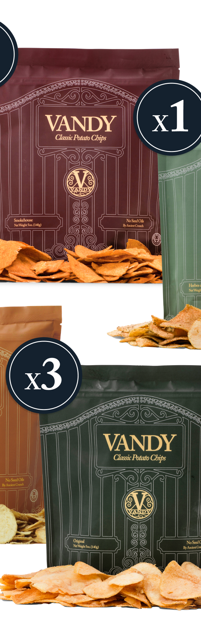 Four packages of Vandy potato chips with different colored packaging.