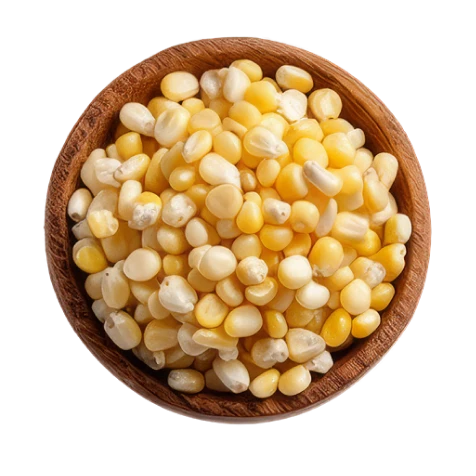 A wooden bowl of corn kernels